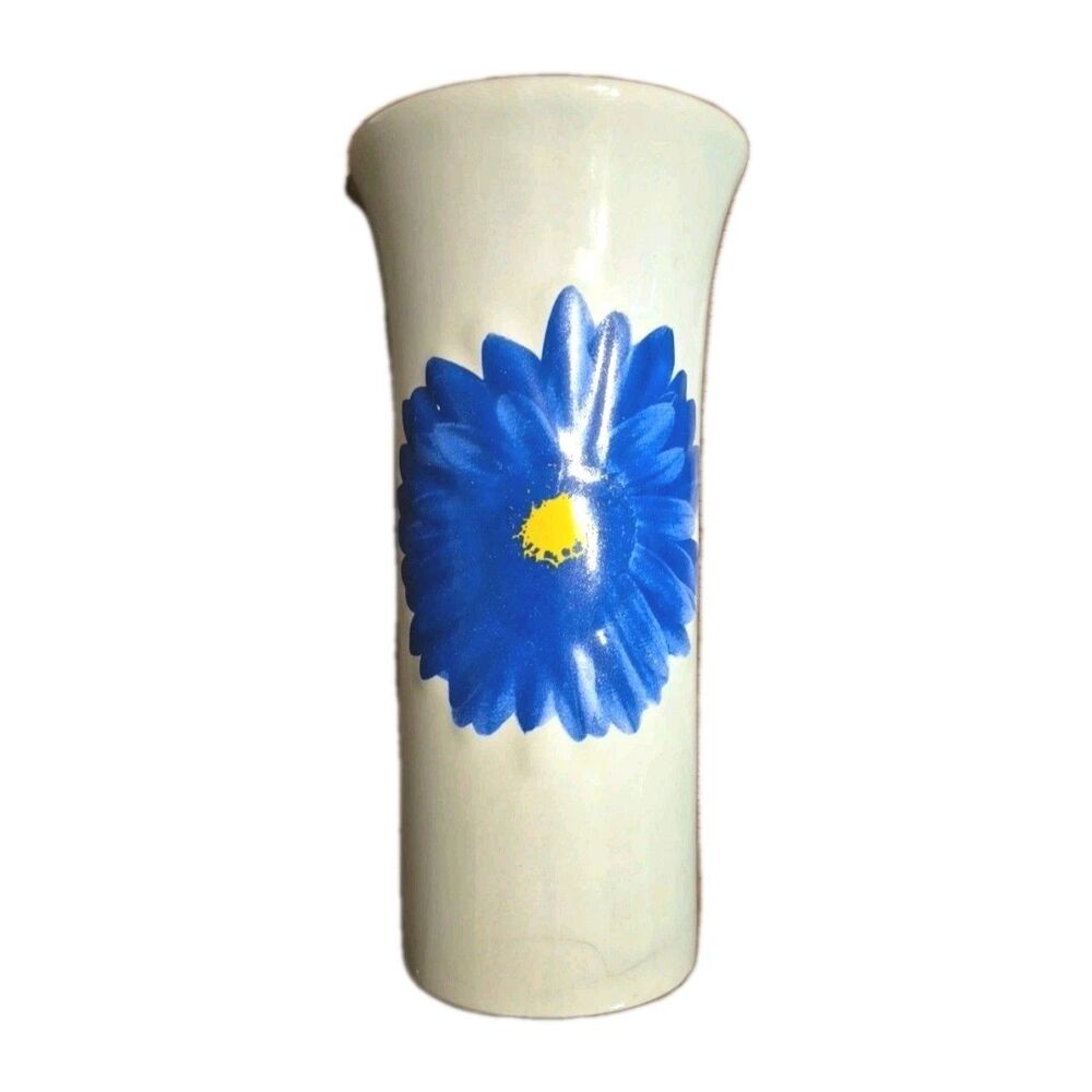 Blue Daisy White Ceramic Vase Fluted Rim Embossed & HPainted Yellow Center 8"